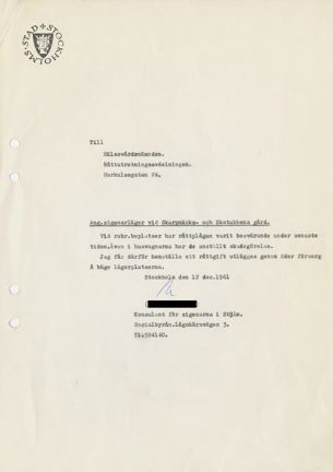 Brev till Hälsovårdsnämndens råttutrotningsavdelning 1961.