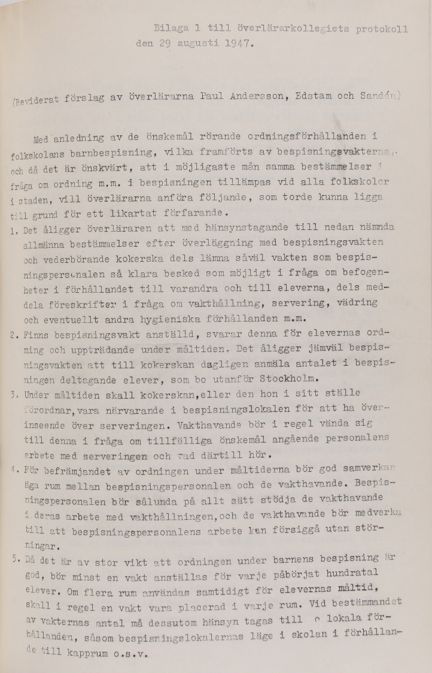 Ordningsbestämmelser i skolmatsalen 1947 - förslag från Överlärarkollegiet