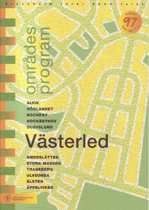 Framsida områdesprogrammet med grön och svart text mot förenklad design av gatunät i grönt och gult
