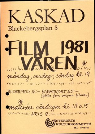 Gult blad med inbjudan till filmvisning från Västerorts kulturkommitté