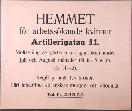 Tryckt notis om Hemmet för arbetssökande kvinnor.