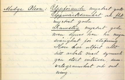 Omdöme om eleven Madge Olsson, skrivet av lärare på Anna Sandströms skola 1905
