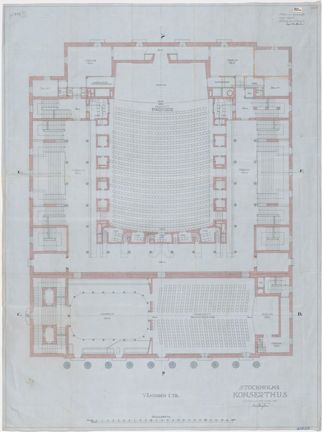 Bladet är ritat i tusch på grå vaxad väv och vissa konstruktioner är ifyllda i röd eller gråblå akvarell (transparent väv för ritningar)