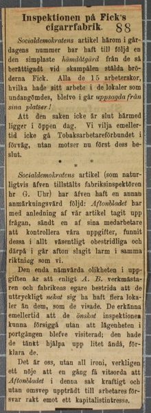 Inspektionen på Fick's cigarrfabrik - pressklipp 1889