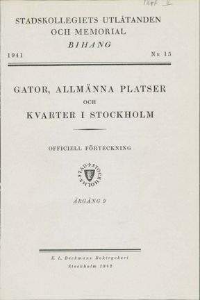 Framsida till Bihang 15, Stadskollegiets utlåtanden och memorial år 1941
