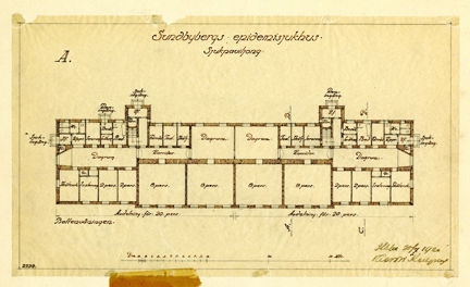 Ritning. Sundbybergs epidemisjukhus. Sjukpaviljong. Planritning av bottenvåningen.