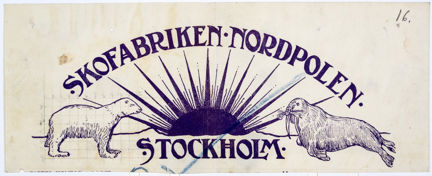 Reklamtryck med sol vid horisont, isbjörn och valross tryckt i lila samt text. Små blyertsanteckningar i vänster sida.