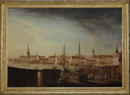 Utsikt från Bödelsbacken över Riddarholmen och Staden med Storkyrkan och Tyska kyrkan