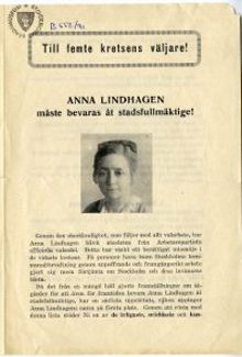 Anna Lindhagen måste bevaras åt stadsfullmäktige! : till femte kretsens väljare