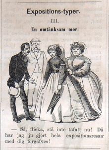 Expositions-typer III. En omtänksam mor. Bildskämt om Stockholmsutställningen 1866 i Söndags-Nisse – Illustreradt Veckoblad för Skämt, Humor och Satir, nr 31, den 29 juli 1866