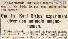 Om hr Karl Sixtus experiment öfver den animala magnetismen - insändare 1885