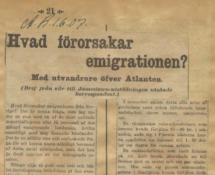 Artikeln "Hvad förorsakar emigrationen?" ur Aftonbladet den 1 juni 1907.