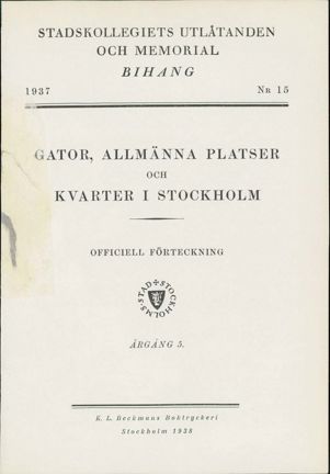 Framsida till Bihang 15, Stadskollegiets utlåtanden och memorial år 1937