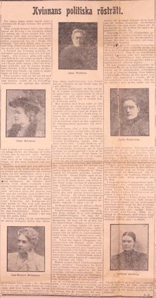 Tidningsartikel om kvinnors rösträtt med foton av personer