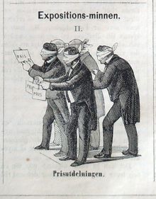 Expositions-minnen II. Prisutdelningen. Bildskämt om Stockholmsutställningens 1866 i Söndags-Nisse – Illustreradt Veckoblad för Skämt, Humor och Satir, nr 42, den 14 oktober 1866
