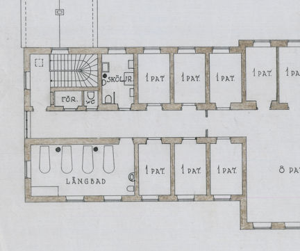 Ritning, paviljong 12A för oroliga patienter, Beckomberga sjukhus, utsnitt