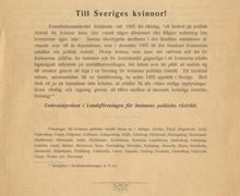 Uppmaning till Sveriges kvinnor att ansluta sig till den kvinnliga rösträttsrörelsen - 1905