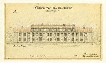 Ritning. Sundbybergs epidemisjukhus. Sjukpaviljong.. Fasad mot sydost.