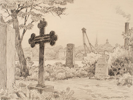 Teckning av gravstenar och kors på Galärvarvskyrkogården. 