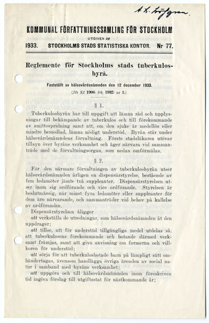 Reglemente för stadens tuberkulosbyrå 1933