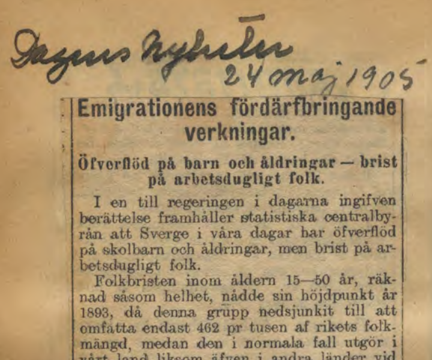 Artikeln "Emigrationens fördärvbringande verkningar" ur Dagens Nyheter 1905.