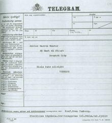 Svarstelegram angående Niels Bohrs omständigheter efter den tyska invasionen av Danmark, 1940