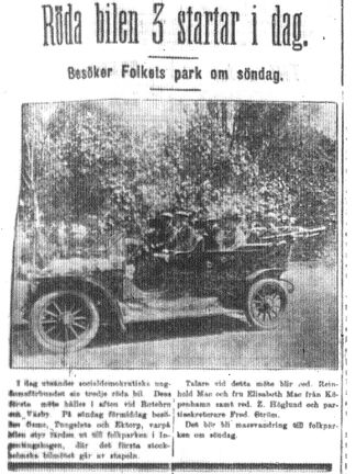 Tidningsartikel om röda bilen ur Social-Demokratens valnummer den 12 augusti 1911.