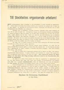Flygblad från Kvinnornas fackförbund om att stötta kvinnoorganiseringen 1905