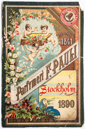 Reklamkort i flerfärgstryck med keruber med blommor samt text.