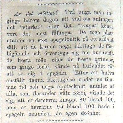 Notis om manlig och kvinnlig fåfänga i Söndags-Nisse – Illustreradt Veckoblad för Skämt, Humor och Satir, nr 20, den 20 maj 1866