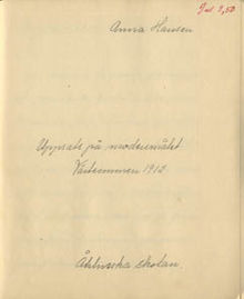 Elevuppsats av Anna Hansen "Betydelsen av ett sunt idtrottsliv" - Åhlinska skolan VT 1912
