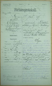 F.d. bergsprängaren, dövstumme Anders Wiktor Olsson, 29, häktad för lösdriveri den 1 juli 1887 - polisförhör