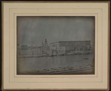 Daguerreotyp med stadsvy över Kungliga Slottet, Storkyrkan och delar av Skeppsbron.