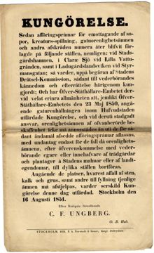 Kungörelse. Sedan afföringspråmar för emottagandet af sopor, kreaturs-spillning, gatuorenlighetsämnen och andra afskräden numera åter blifvit förlagde...Stockholm den 16 augusti 1851