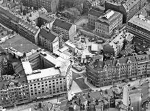 Flygfoto över Birger Jarlsgatan och Grev Turegatan 1965