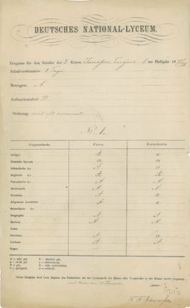 Eugène Janssons skolbetyg med de olika ämnena uppradade efter varandra