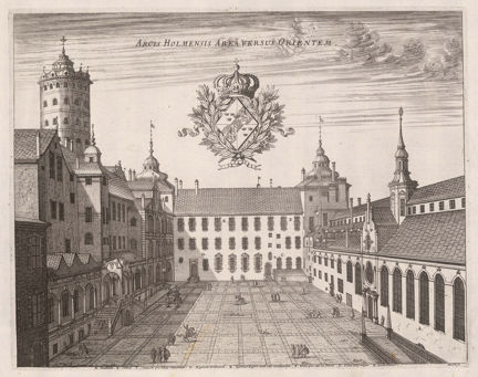 Stockholms gamla slotts borggård från öster - gravyr hämtad från Suecia antiqua et hodierna