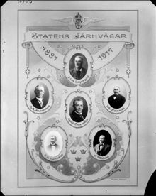 Statens järnvägar 1887-1917. Porträtt av J.C.A. Lagerqvist, A. A. Andersson, Enoch Cederpalm, J. B. Malmsten, E.H. Karlsson och J. Wiklund