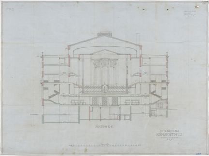 Tecknad i tusch på grå vaxad väv (transparent väv för ritningar), med konstruktioner i akvarellfärg