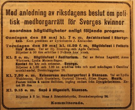 Annons angående festligheter med anlending av kvinnors rösträtt 1919