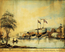 Briggen Prinsessan Eugenies aflöpning af Stapeln å Långholms-Warfvet den Julii 1847. Tecknadt efter Naturen af P. Wilh. Cedergren 1847. Byggd af Gustaf Gummesson
