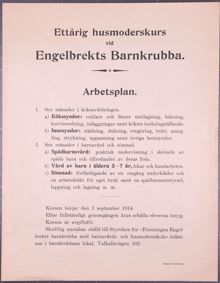 Arbetsplan för ettårig husmoderskurs hos Engelbrekts barnkrubba
