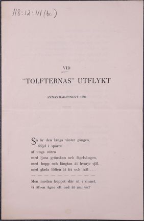 Sånghäfte till Tolfternas utfykt 1899