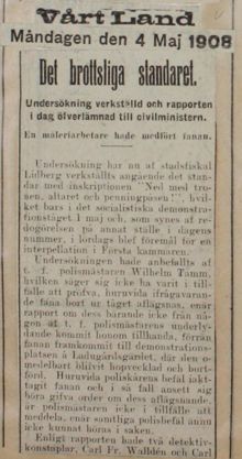 Det brottsliga standaret. En måleriarbetare hade medfört fanan - pressklipp 1908