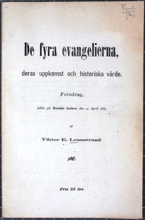 Framsida på text till religionskritiskt föredrag om de fyra evangelierna
