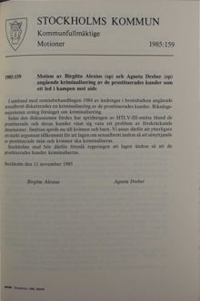 Motion från år 1985 om att kriminalisera de prostituerades kunder som ett led i kampen mot aids