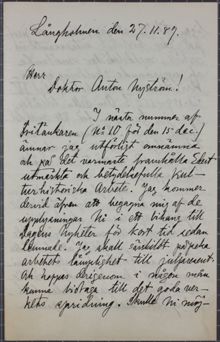 Straffången Lennstrand tror på framgångar i kampen mot kyrkan - brev till Dr Nyström 1889