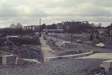 Arbeten för Essingeledens framdragande över Drottningholmsvägen. Vy mot Kristineberg