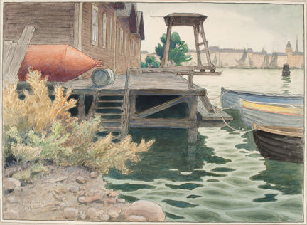 Akvarell som föreställer båtskjul och roddbåtar vid Galärvarvet