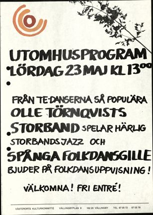 Handskrivet blad med inbjudan till storbandsjazz från Västerorts kulturkommitté